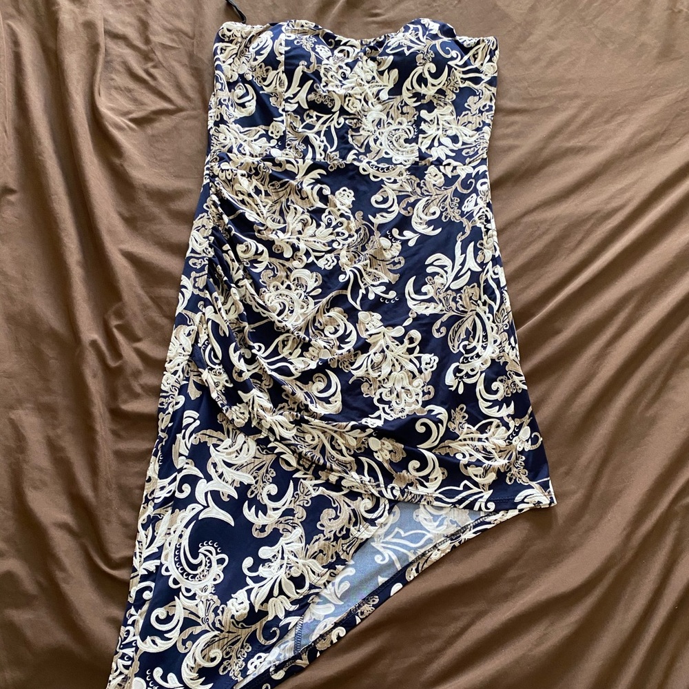 NWT Strapless bodycon asymmetric faux wrap dress